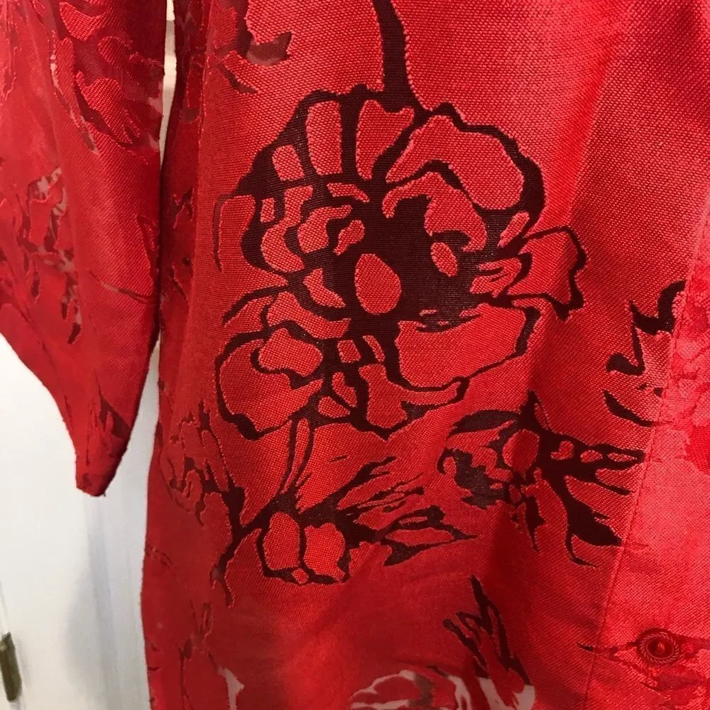 TanJay red button down blouse with sheer flowers - Picture 4 of 11